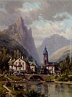Charles Euphrasie Kuwasseg An Agler Before An Alpine Riverside Town painting